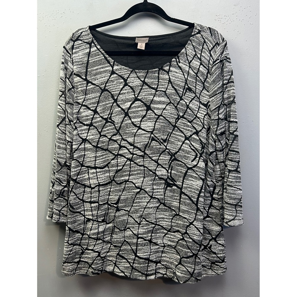Chico's Top Women 3 Black White Easywear Abstract Geometric 3/4 Sleeve Tunic
